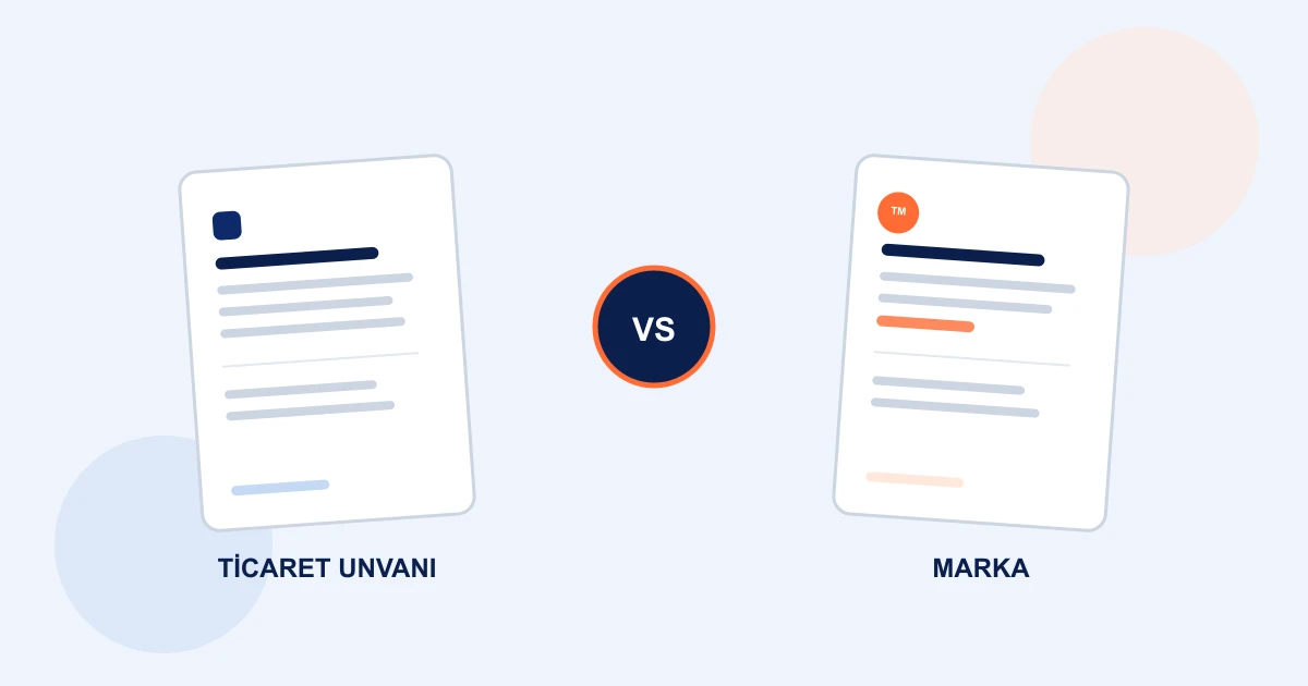 Ticaret unvanı belgesi ile marka tescil belgesinin karşılaştırmasını simgeleyen VS rozetli çizim