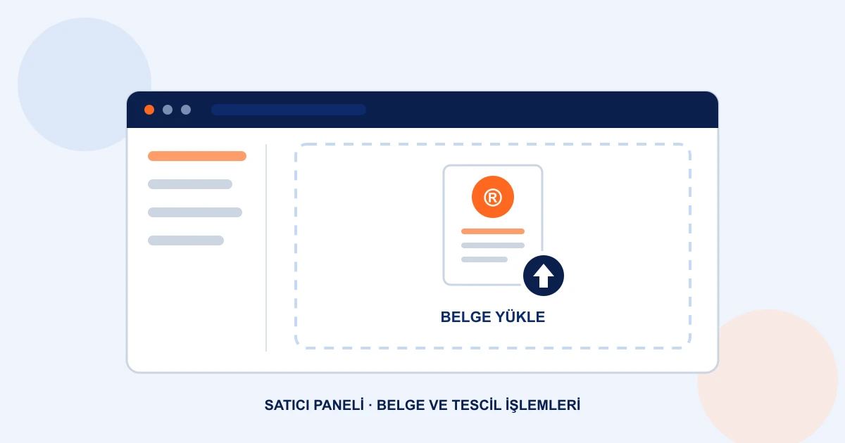 E-ticaret satıcı panelinde marka tescil belgesinin yüklenmesini simgeleyen, ® mühürlü belge ve yükleme okuyla gösterilen çizim